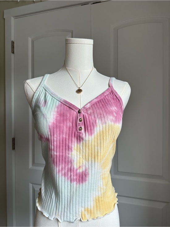 American Eagle Outfitters Tops - American Eagle Tie-Dye Ribbed Henley Tank Top - Pink, Yellow & Blue